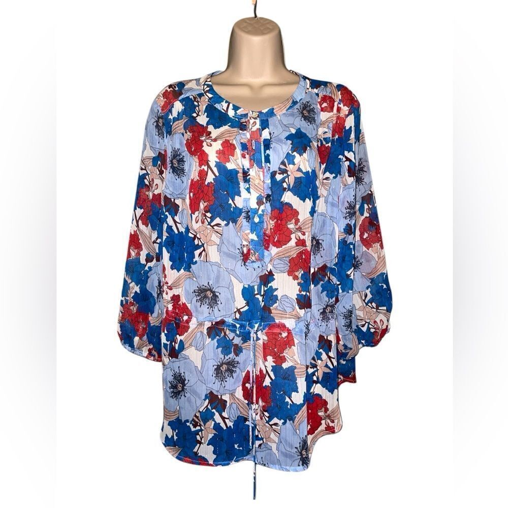 Liz Claiborne Boho Blue Floral Print Top Blouse Size L Glitter String Tie Front - Picture 2 of 7